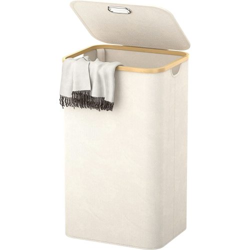 Homykic Laundry Hamper with Lid, 100L Tall Laundry Basket Collapsible with Bamboo Handles, Large Waterproof Laundry Bin Storage for Dorm, Bathroom, Bedroom, Clothing, Clothes, Toys, Cream White - 1-Pack