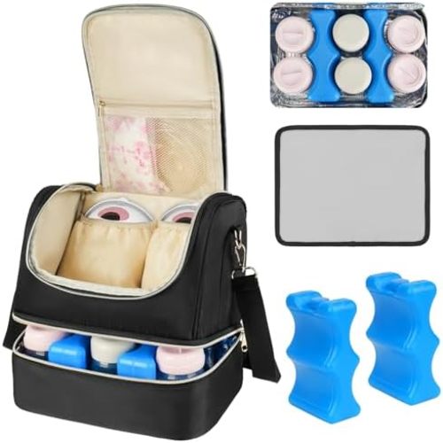 Wearable Breast Pump Bag with Cooler Compartment Fits for Willow/Elvie/Momcozy M5/S12 Pro/Medela, Breast Milk Travel Tote Bag with Ice Pack & Waterproof Mat,Black