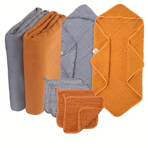 PULKRIFY Baby Essentials Set 100% Muslin Cotton Baby Hooded Bath Towels, Baby Swaddle Blankets, Baby Wash Cloths, Extra Soft & Highly Absorbent for Newborns, Infants, Toddlers