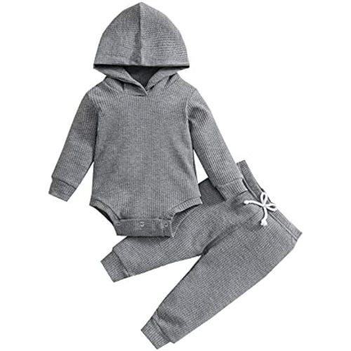Thorn Tree Newborn Unisex Baby Clothes Set Hooded Long Sleeve Bodysuit Stretchy Pants Ribbed Outfits Fall Winter