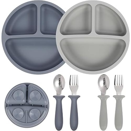 Eascrozn Toddler Utensils, 2 Pack Silicone Divided Suction Plates for Baby, 2 Pack Toddler Forks and Spoons Set, BPA Free, Baby Led Weaning Feeding Supplies, Microwave and Dishwasher Safe