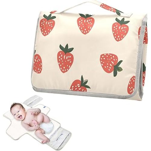 Reusable Changing pad Portable with Tissue Pocket Diaper mat Changing pad Travel Lightweight & Foldable Changing Station- Strawberry