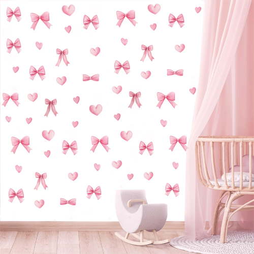 64Pcs Cute Pink Bow Wall Stickers - Removable Bow Heart Wall Decals, Coquette Room Decor for Girls Bedroom Nursery
