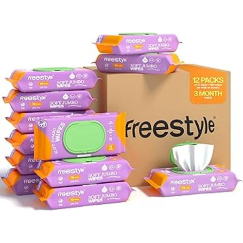 Freestyle Soft Jumbo Baby Wipes, Hypoallergenic and Unscented, Water-Based Wet Wipes for Babies, Finely Suited for Sensitive Skin, Thick & Oversized, Pack of 12, 72 Wipes Per Pack