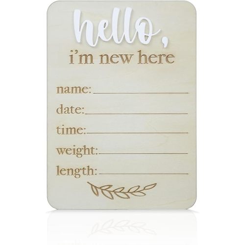 Baby Announcement Sign 6.5 Inch Wooden Hello World Newborn Welcome Sign Birth Baby Name Plaques for Photo Props Baby Shower Hospital Nursery (I'm New Here Baby)
