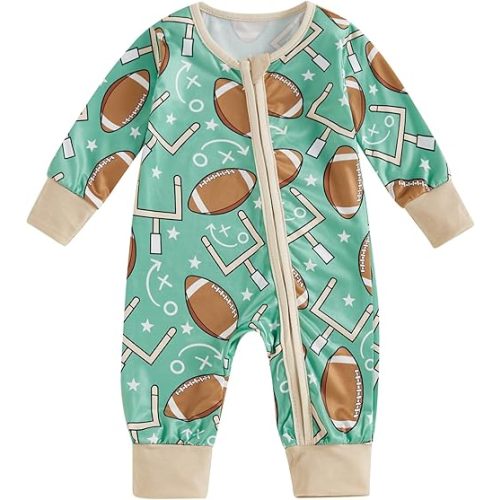Baby Boy Girl Football Outfit Football Print Long Sleeve Zip Up Romper Jumpsuit Infant Boys Girls Fall Winter Outfit
