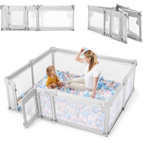 Sweeby Foldable Baby Playpen, Baby Gate Playpens for Babies and Toddlers 71x59 Extra Large Play Yard with Door Fence with Mat and Indoor Play Pen,Light Grey