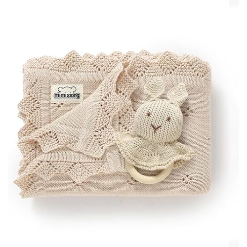 mimixiong Cotton Baby Blanket Knitted Crochet Receiving Crib Nursery Swaddling Blankets for Newborn Baby Boy Girl with The Bunny Rattle (Oatmeal- Rattle)