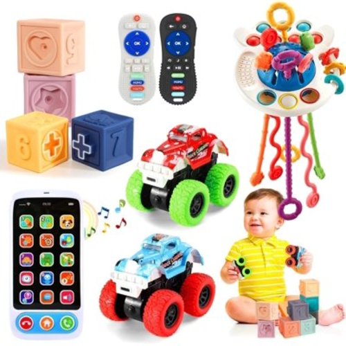 Lauon Baby Toys for 6 to 12 Months, Montessori Toys for Babies, Sensory Toys for Toddlers 1-3, Monster Trucks, Pull String Toys, Stacking Blocks, Sensory Shapes & Teething Simulation Remote Control