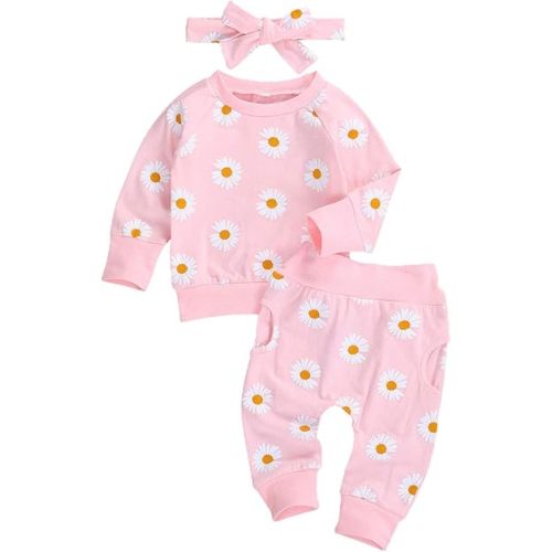 3Pcs Baby Girl Outfits Daisy Sweatshirt + Pants + Headband Infant Fall Winter Clothes