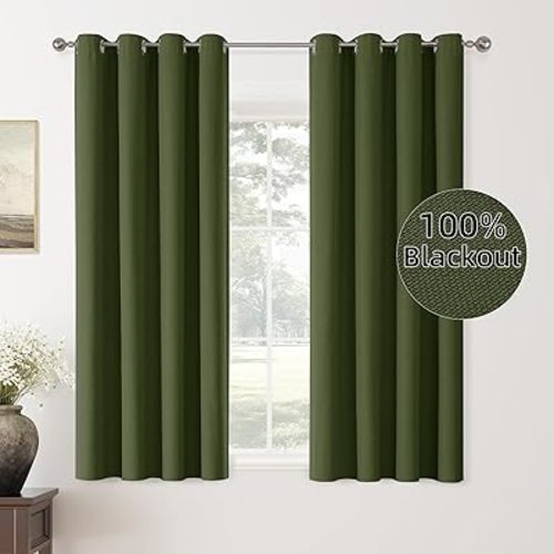ChrisDowa 100% Blackout Olive Green Solid Curtains 63 Inches Long 2 Panels for Bedroom Living Room,Farmhouse Room Darkening Thermal Insulated Soundproof Grommet Top Window Treatment Drapes,52x63