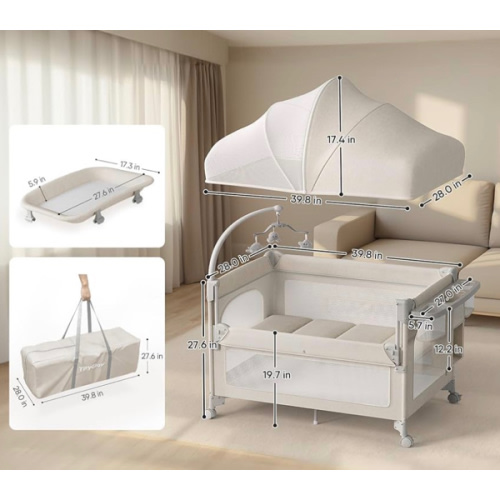 4 in 1 Baby Bassinet, Pack and Play, Bedside Crib Sleeper, Diaper Changer, Quickly Assembled and Folded Portable Crib with Mattress and Mosquito Net, Easy to Carry