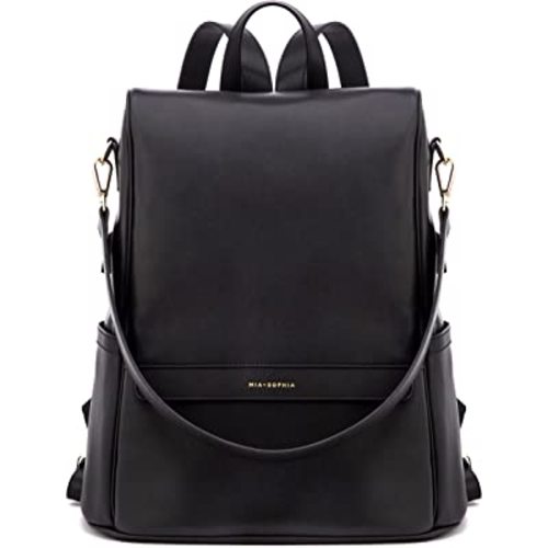 MIA + SOPHIA Leather Diaper Bag Backpack with Changing Pad, Stroller Straps, Bottle Holder (Black Mia)