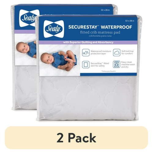 (2 pack) Sealy SecureStay Waterproof Crib Mattress Pad, Easy Clean Washable, Crib/Toddler Bed, White