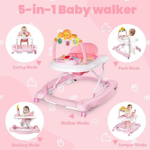 5-in-1 Baby Walker, Baby Walkers for Boys Girls 6-12 months, Foldable Activity Walker, Toddler Infant Walker with Bouncer, Adjustable Height, Removable Footrest, Feeding Tray, Music - d-Pink
