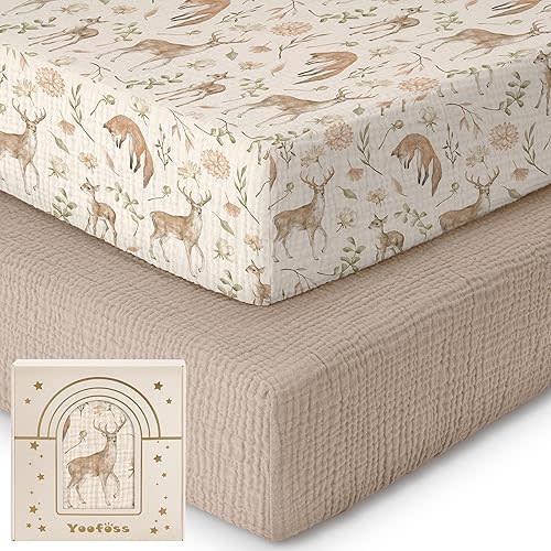 Yoofoss Muslin Crib Sheets for Boys Girls, Organic Baby Crib Sheets for Standard Crib Mattress & Toddler Mattress, Soft, Breathable, Durable 52"x28"