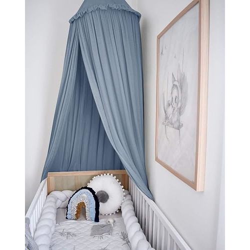 MAMERIA Kids Bed Canopy with Frills Cotton Hanging Tent Curtain Net for Reading Nook Hideaway Bedding Play Room Decor(Blue)