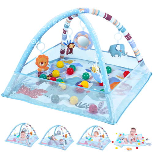 Baby Gym Mat 3 in 1 Tummy Time Baby Activity Gym with 5 Sensory Toys, Ocean Balls, Floor Crawling Mat for Newborn Toddlers