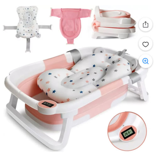 TOPCHANCES Folding Baby Bathtub, Travel Bathtub Newborn Bath Tub with Bath Cushion & Bath Net, Pink