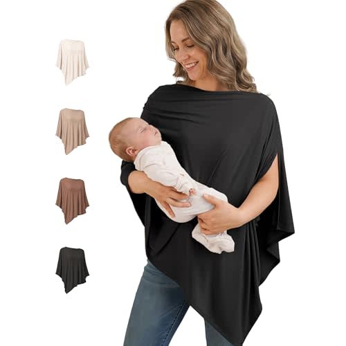 Konssy Rayon Made from Bamboo Nursing Cover for Breastfeeding, Buttery-Soft 360° Full Privacy Nursing Poncho, Breathable Stretchy Breastfeeding Cover, Multi-Use Car Seat Canopy (Black)