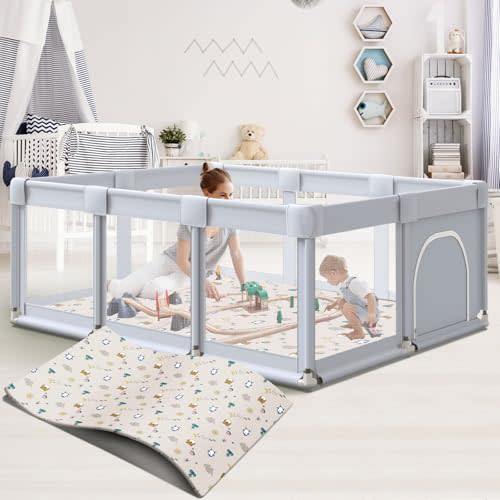 Hiaksedt Baby Playpen 74x50 in PlayPen for Babies and Toddlers, Large Play Yards for Indoor & Outdoor with Zipper Gates, Breathable Mesh with Mat