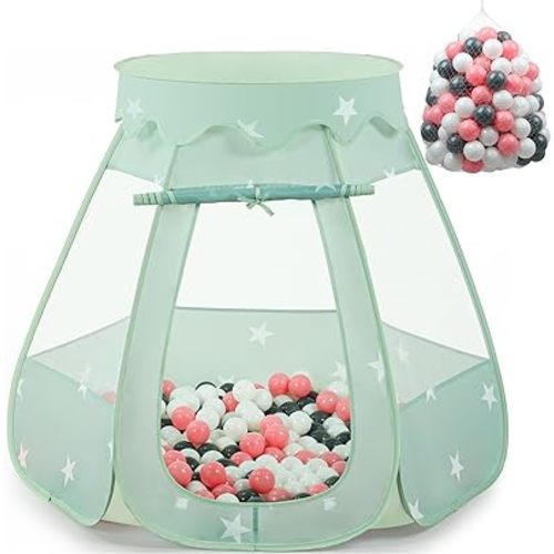 Baby Ball Pit for Toddler with 150 Balls, Kids Pop Up Play Tent for Girls, Princess Toys for Children Indoor & Outdoor Playhouse with Carry Bag (Celadon: Pink/White/Gray, 109x90cm/150 Balls)