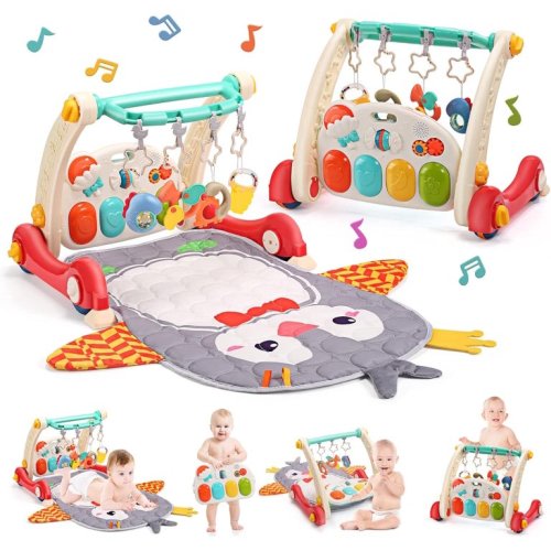 Baby Gym Play Mat & Baby Learning Walker, Baby Activity Mat with Play Piano, Musical Activity Center with Lights, Baby Push Walkers & Tummy Time Mat for Infant Newborn Toddlers