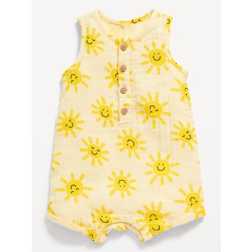 Unisex Printed Sleeveless Henley Romper for Baby