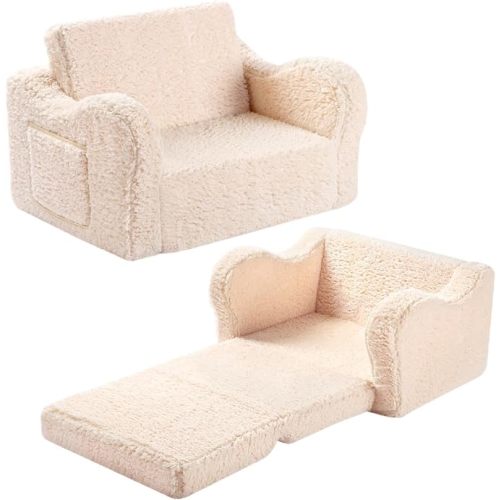 Kids Sofa, 2-in-1 Flip-Out Foam Couch with Soft Sherpa Cover, Cozy Play Lounge Chair, Cream