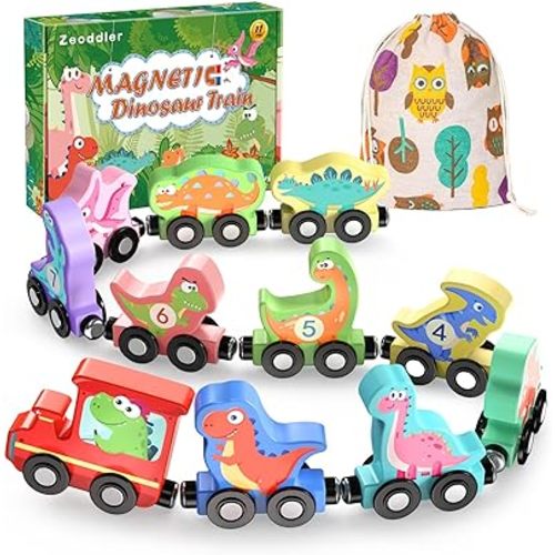 Toys for Toddlers, 11 Magnetic Wooden Dinosaur Train Set, Montessori Toys for Toddlers, Preschool Educational Material for Kids, Birthday Gifts for Boys, Girls