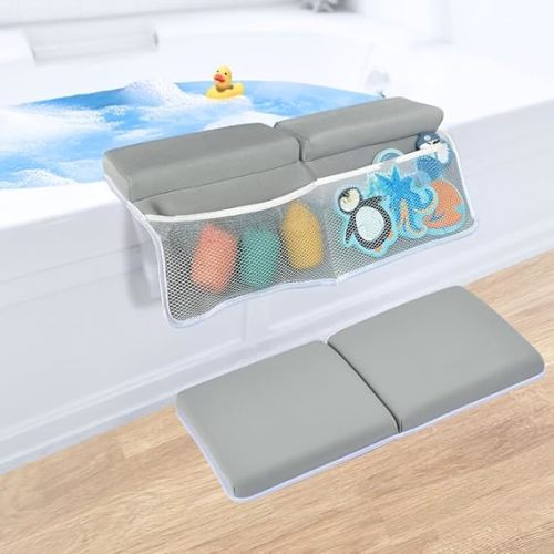 Baby Bath Kneeler and Elbow Rest Pad Set Thick & Comfortable 1.5", with Extra Storage for organizing Bath Toys. Quick Dry and Foldable. Perfect for Newborn Bath Essentials