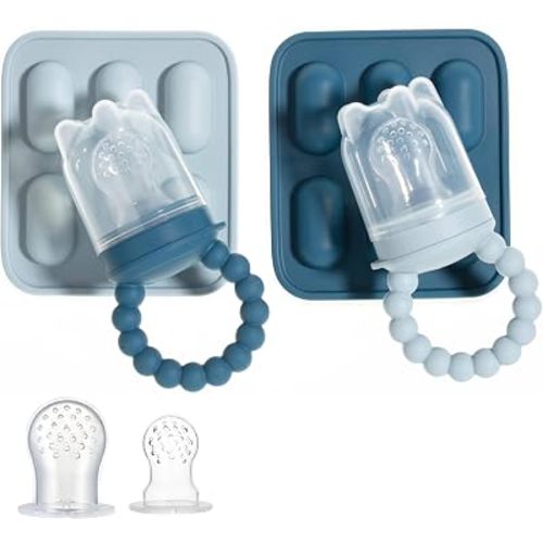Silicone Baby Fruit Feeders with Freezer Tray for Batch Prep, Set of 2 – Safe & Convenient, Includes Extra Pouches & Travel Lids, Dishwasher Safe