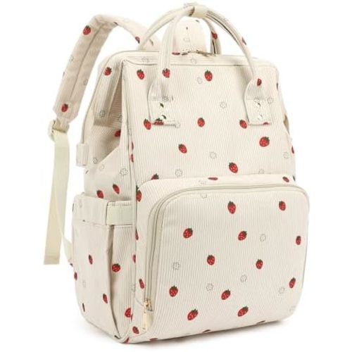 Corduroy Diaper Bag Backpack for Women, Large Capacity Baby Bag for Mom and Girls Boys with Stroller Straps (Strawberry)