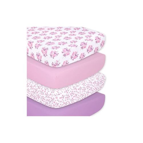 The Peanutshell Purple Floral 4-pack Crib Fitted Sheet Set In Purple/pink/white