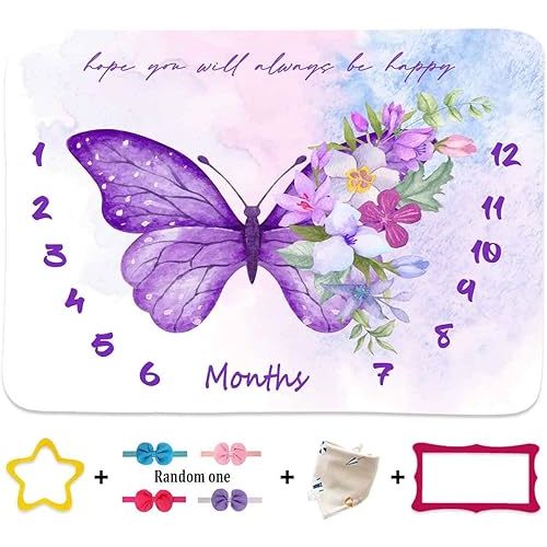 Baby Nursery Decor Month Blanket 48x40in Butterfly Milestone Blanket Soft Plush Baby Memory Monthly Blanket Newborn Growth Chart Photography Props with Frame Bib Headband BTXTVV28