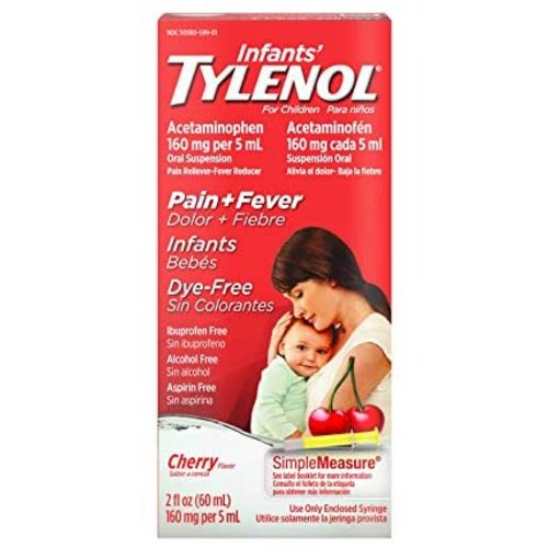 Infants' Tylenol Liquid Medicine with Acetaminophen, Pain Plus Fever Relief, Dye-Free Cherry, 2 fl oz