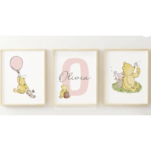 Personalized Winnie Nursery Name Print Set, Classic A.A. Milne Wall Art, Custom Baby Name Wall Decor, Pooh Bear Boy Girl Toddler Room Artwork, Prints Made Perfect, Unframed(13x19, Set Of 3)