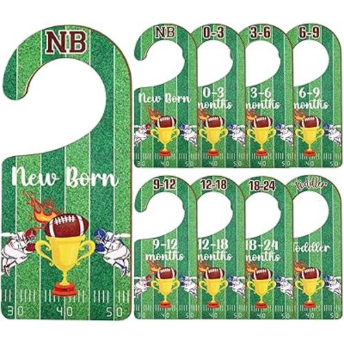 Baby Closet Dividers 8PCS, Football Theme Wooden Double-Sided Clothes Size Hanger Organizer from Newborn to Toddler for Nursery Decor Baby Shower Birthday Gift