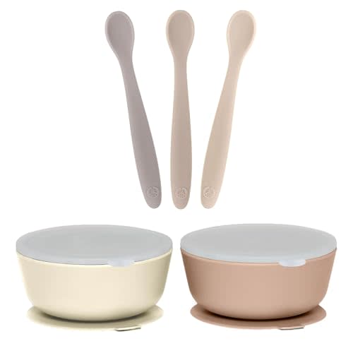 WeeSprout 3 Silicone Baby Spoons & 2 Bowls with Lids Bundle - Soft-Tip, Bendable Feeding Utensils - Durable, Travel-Friendly, Dishwasher Safe - Brown & Beige