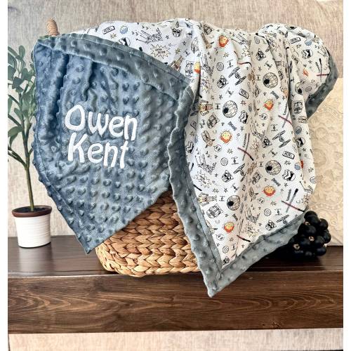 Personalized Star Wars Baby Blanket | Frame Style Border | Baby Gift | Embroidery | R2D2 Darth Vader Yoda | Disney Cotton and Minky Blanket