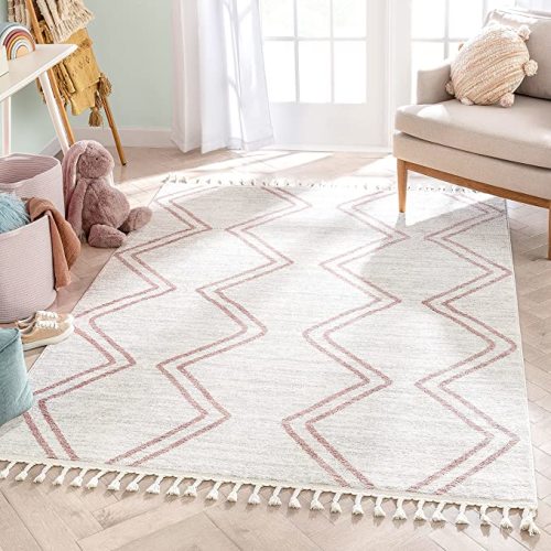 Well Woven Merri Pink Ivory Geometric Stripes Pattern Stain-Resistant Area Rug 5x7 (5'3" x 7'3")