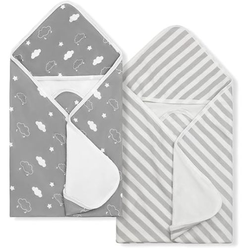 Baby Towels 2 Pack,Hooded Baby Towels Set,Baby Infant Bath Towels with Hood,Soft and Absorbent Nursery Towel,Bath Essentials (Gray Clouds + Stripes)