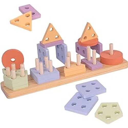 Montessori Toys Sorting & Stacking Toys for Toddlers and Preschool Kids for 3 Years Old, Wooden Educational Toys - Shape Sorter and Color Recognition Stacker Girl Boy Gifts