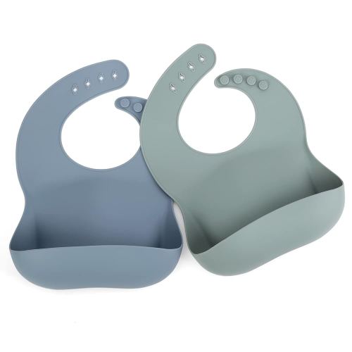 Ginbear Silicone Bibs for Babies Boy, Waterproof Adjustable Silicon Rubber Baby Feeding Bibs with Food Catcher Pocket for Toddlers 6 Months+ (Grayish Blue/Sage)