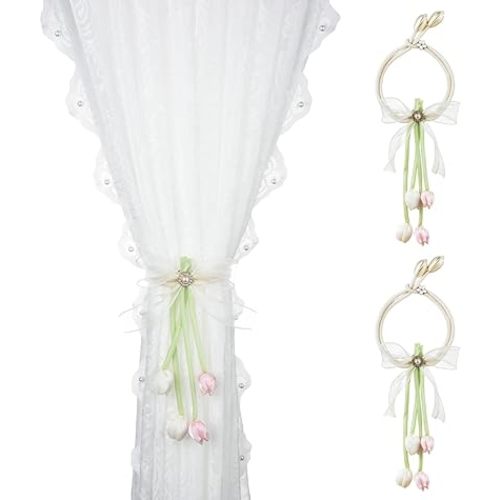 SUQ I OME 1 Pair of 100% Handmade Tulip Flower Curtain Tiebacks with Bowknot,Curtain Ties,Curtain Holdbacks,Pink