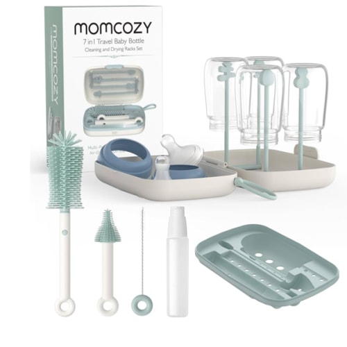 Momcozy Bottle Brush Set - Baby Bottle Cleaner Kit with Silicone Brush, Nipple Brush, Straw Brush, Soap Dispenser, Drying Rack - 7 in 1 Bottle Cleaning Tool for Home and Travel, Green