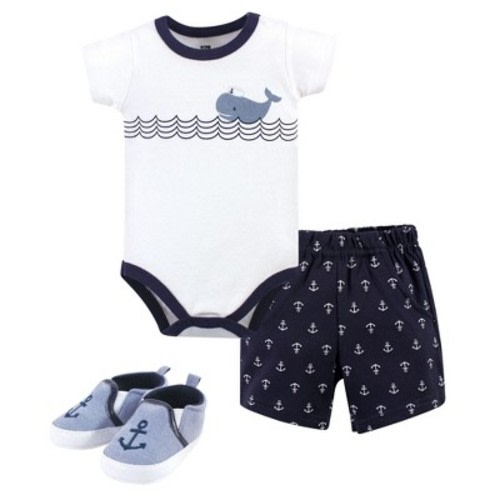 Hudson Baby Infant Boy Cotton Bodysuit, Shorts and Shoe 3pc Set, Blue Sailor Whale, 0-3 Months