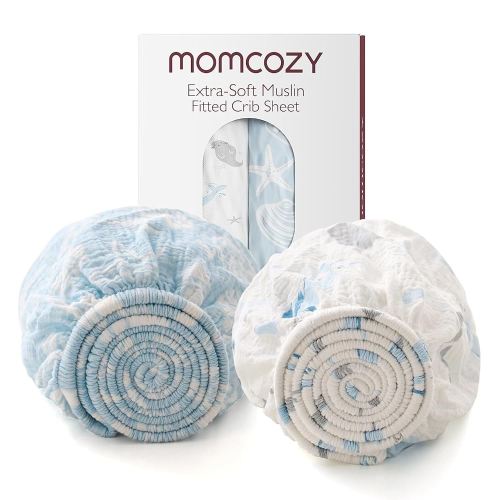 Momcozy Muslin Fitted Mini Crib Sheets, 38''x26'', 2 Pack Soft Breathable Natural Cotton Baby Mattress Sheet, 360° Mattress Wrapping No Slip Boys Girls Neutral Toddler Bed Sheet, Ocean Sound