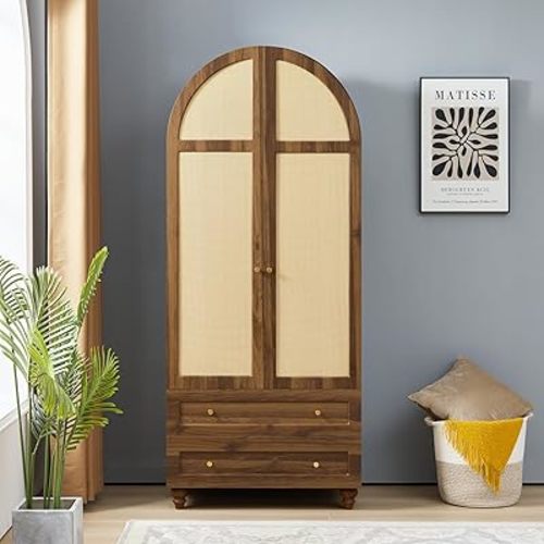 Wardrobe Closet, Arched Rattan Wardrobe Cabinet with Hanging Rod & 2 Drawers, 75" Freestanding Storage Cabinet for Living Room, Laundry Room (Walnut)