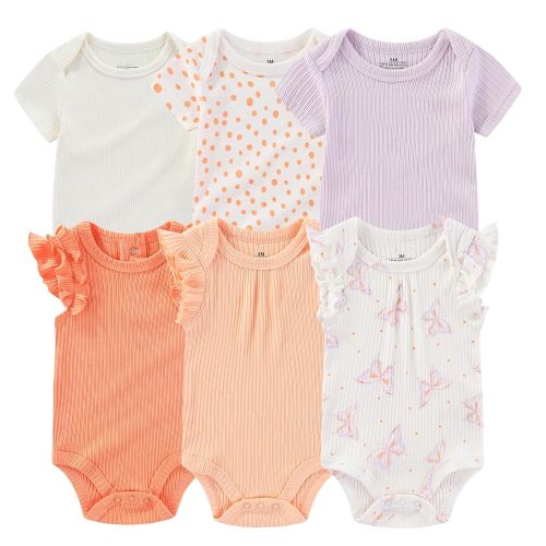 Baby Bodysuit 6 Pack Soft Mixed Ribbed Short Sleeve Romper Infant Boy Girl Clothes Set